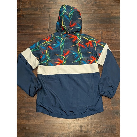 Vintage 90s Russell Hooded Windbreaker Tropical Print Color Block Retro Mens M - Picture 2 of 6